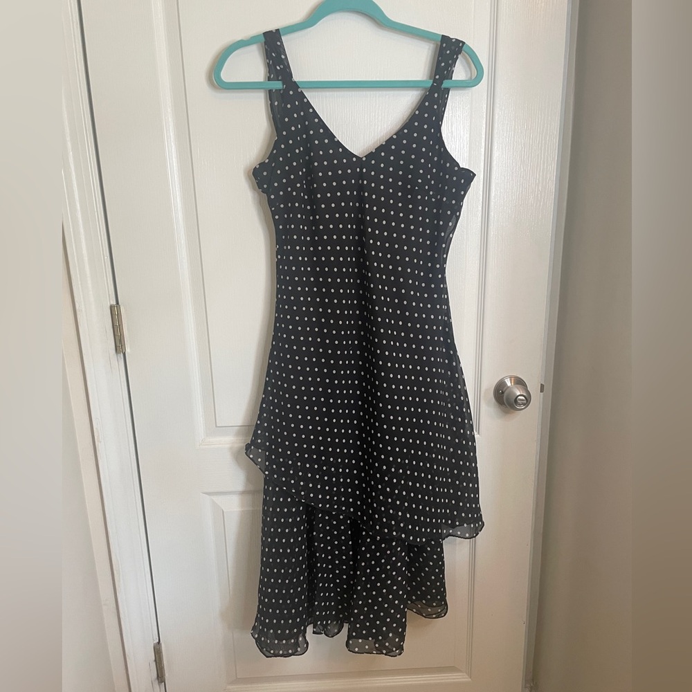 Vintage Black Polka Dot Spaghetti Strap V-Neck Asymmetrical Layered Dress size L